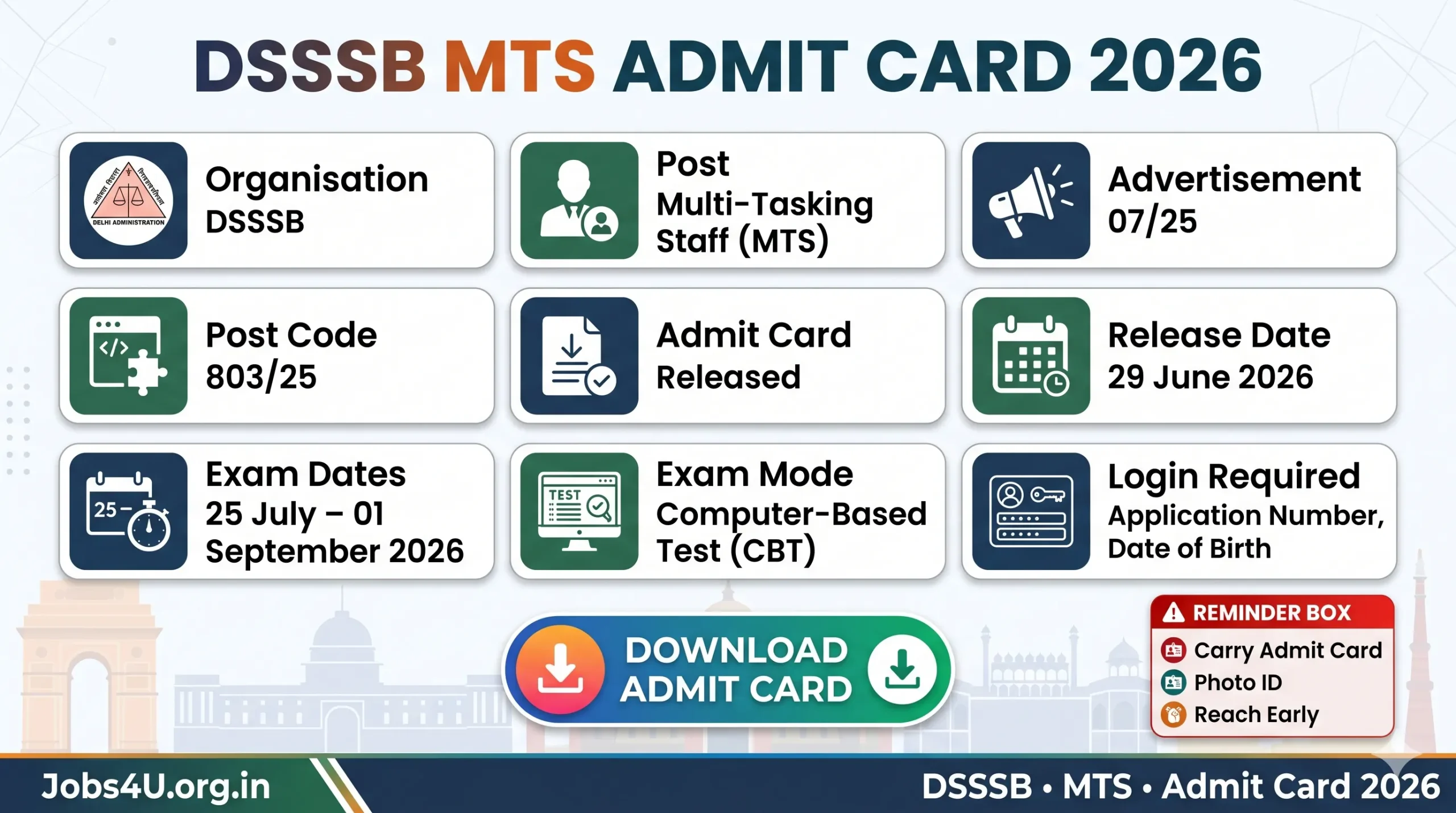 DSSSB MTS Admit Card 2026 overview showing exam dates login details CBT schedule and exam instructions