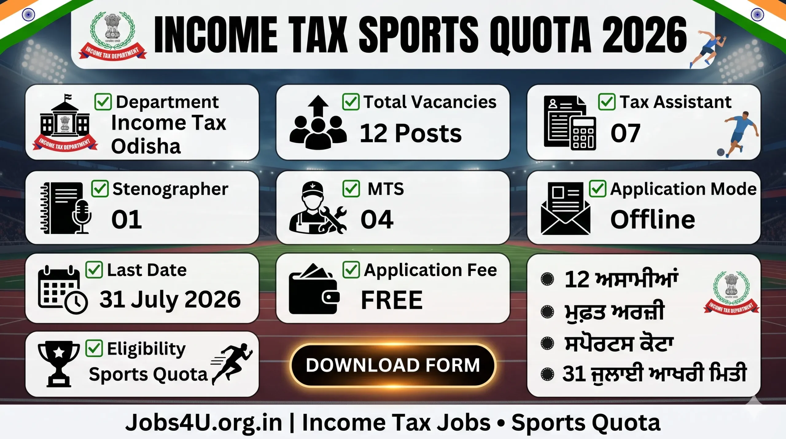 Income Tax Odisha Sports Quota Recruitment 2026 overview showing vacancies eligibility salary and application details