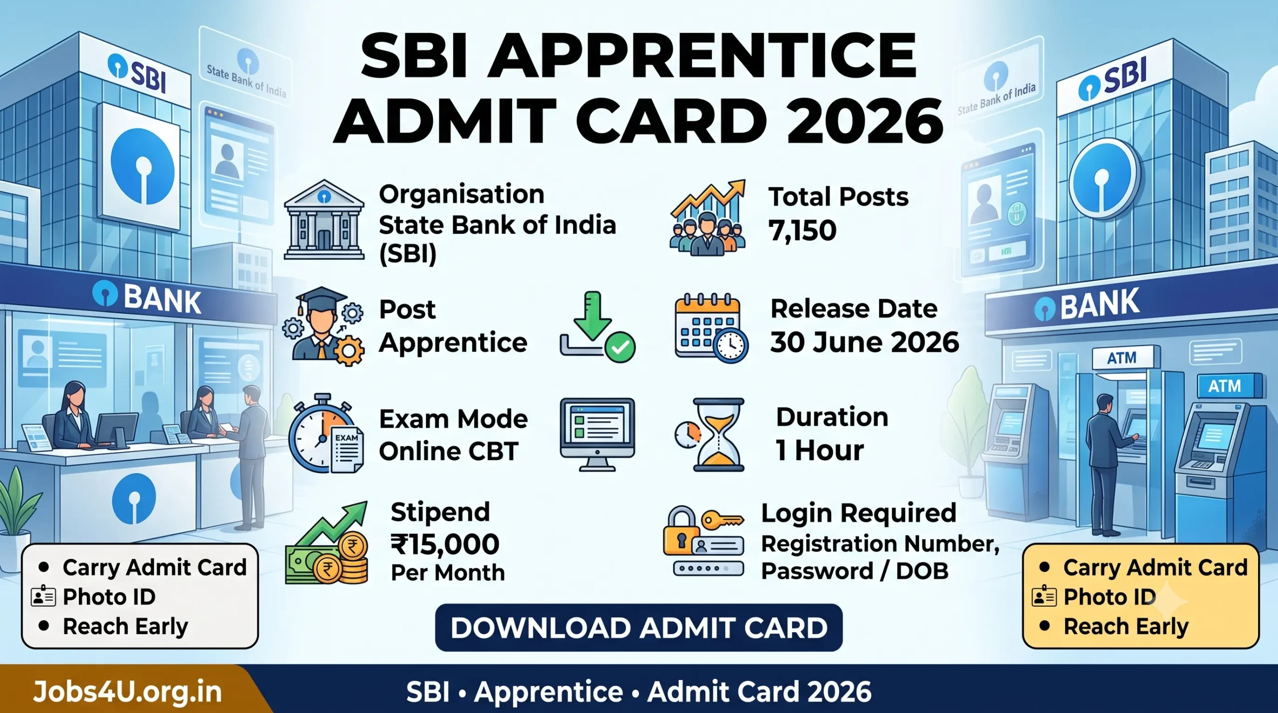 SBI Apprentice Admit Card 2026 overview showing exam date login details stipend and CBT exam pattern