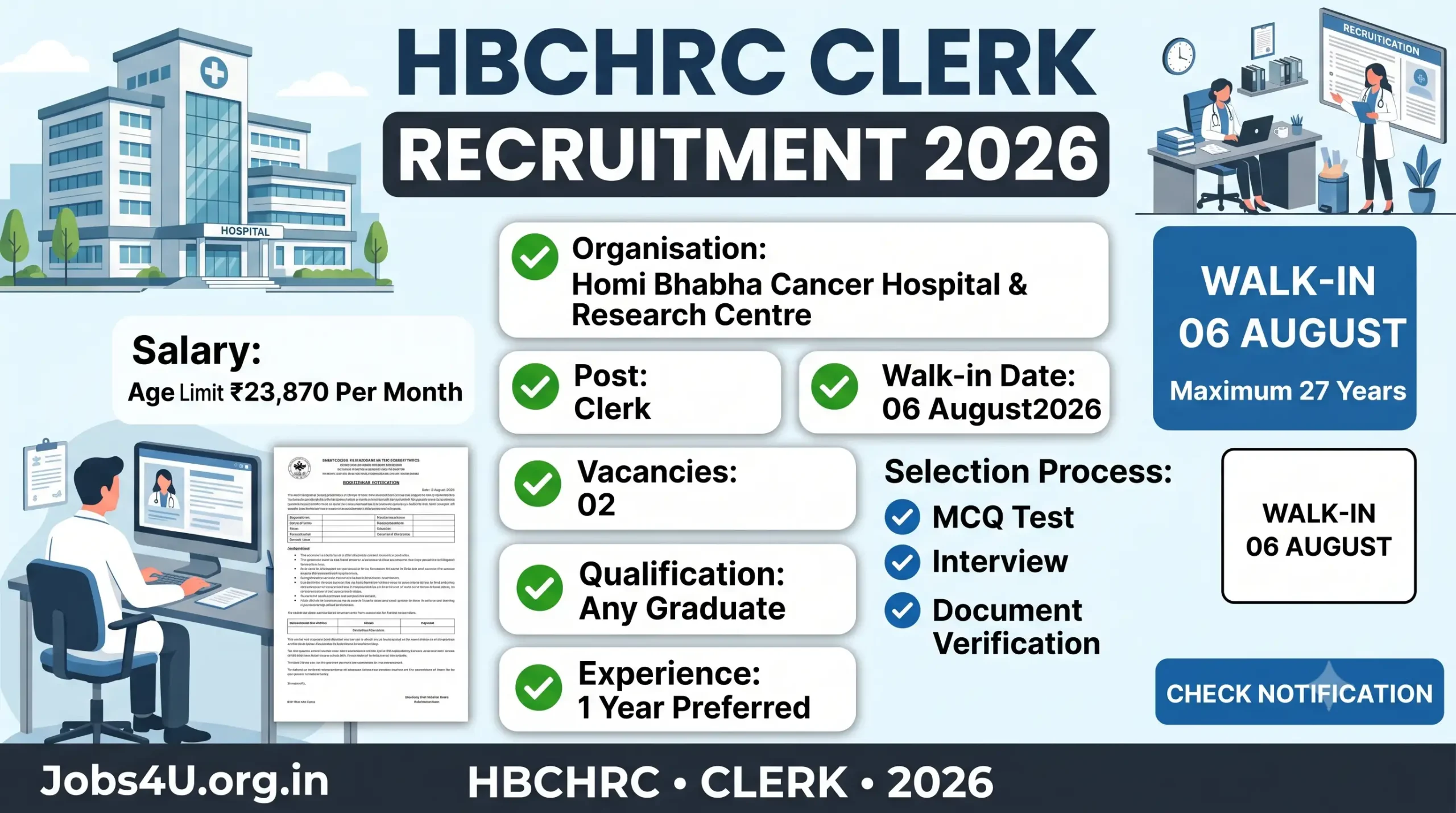 Homi Bhabha Cancer Hospital Clerk Recruitment 2026 overview showing vacancies salary eligibility and walk-in interview date