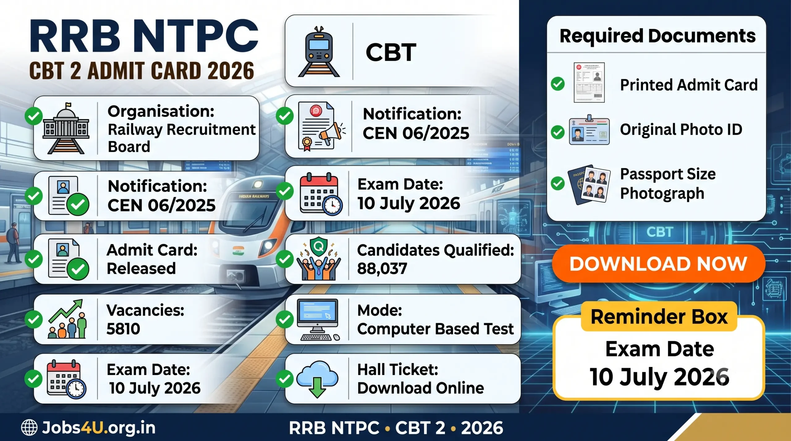 RRB NTPC Graduate CBT 2 Admit Card 2026 overview showing exam date download process and required documents