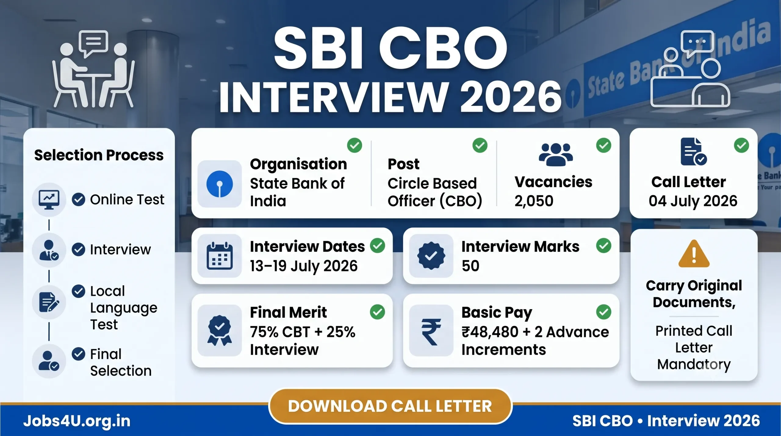 SBI CBO Interview Call Letter 2026 overview showing interview dates vacancies salary and selection process