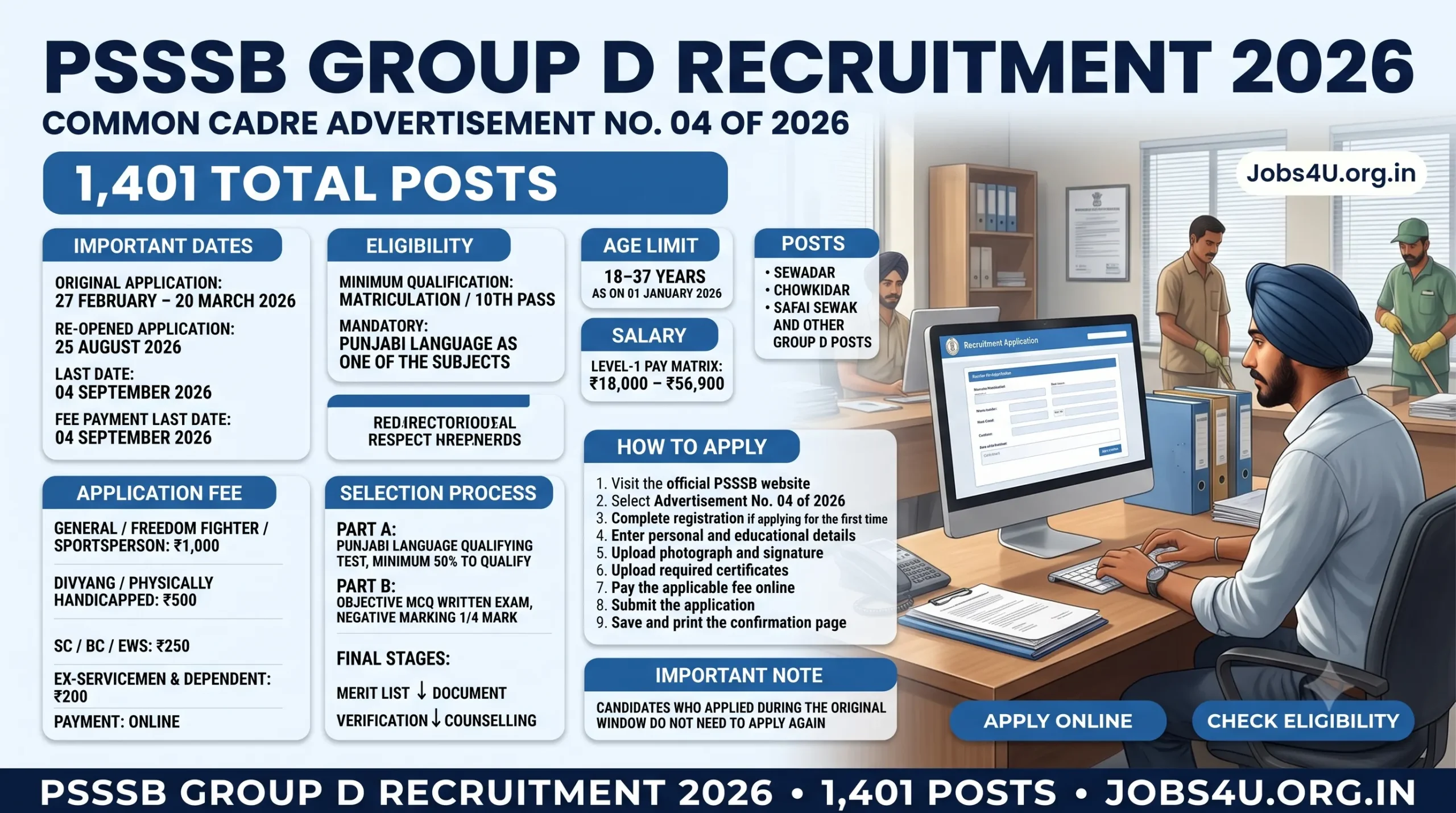 PSSSB Group D Recruitment 2026 eligibility age limit salary application fee and selection process