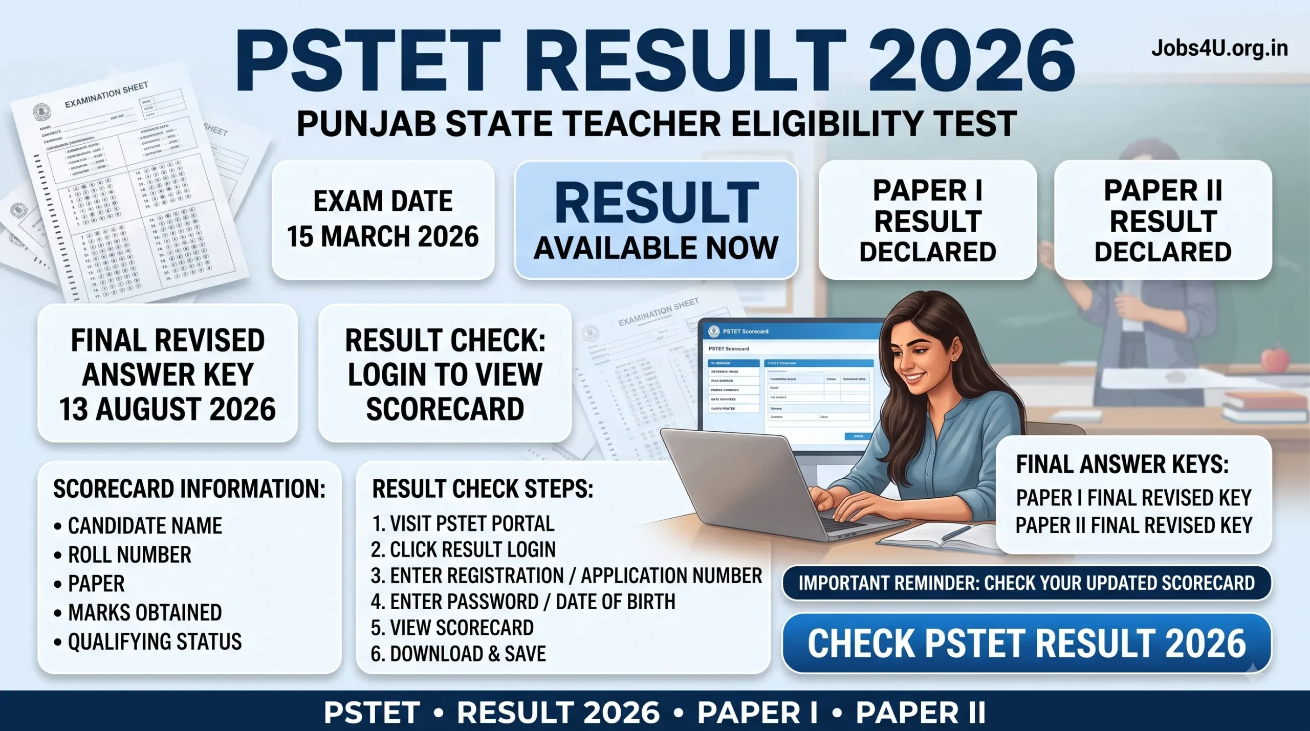 PSTET Result 2026 scorecard and final revised answer keys for Paper I and Paper II
