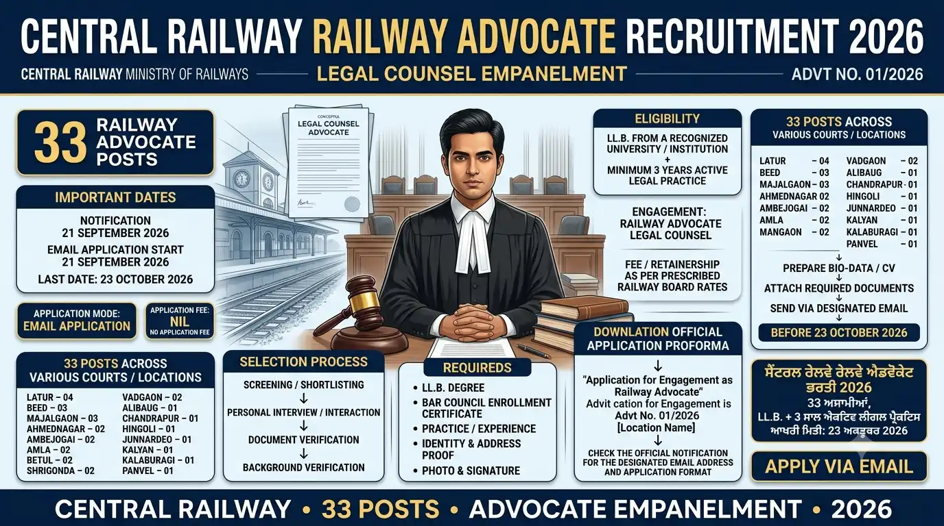 Central Railway Railway Advocate Recruitment 2026 infographic showing 33 posts, LL.B qualification, 3 years practice and last date