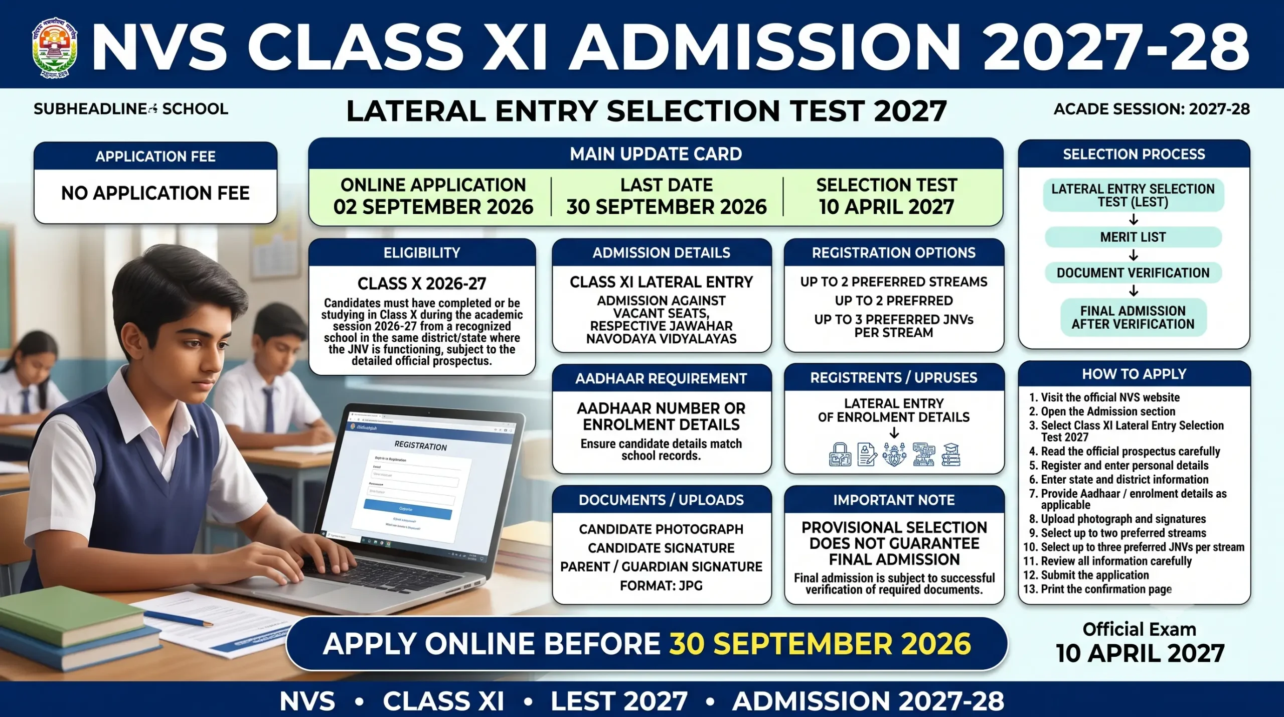 NVS Class 11th Admission 2027-28 eligibility selection process documents and important dates