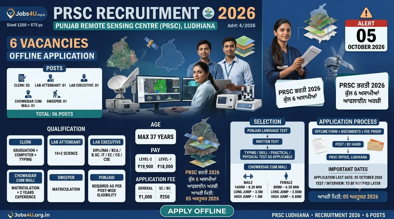 PRSC Recruitment 2026 infographic showing 6 vacancies, offline application and 05 October 2026 last date