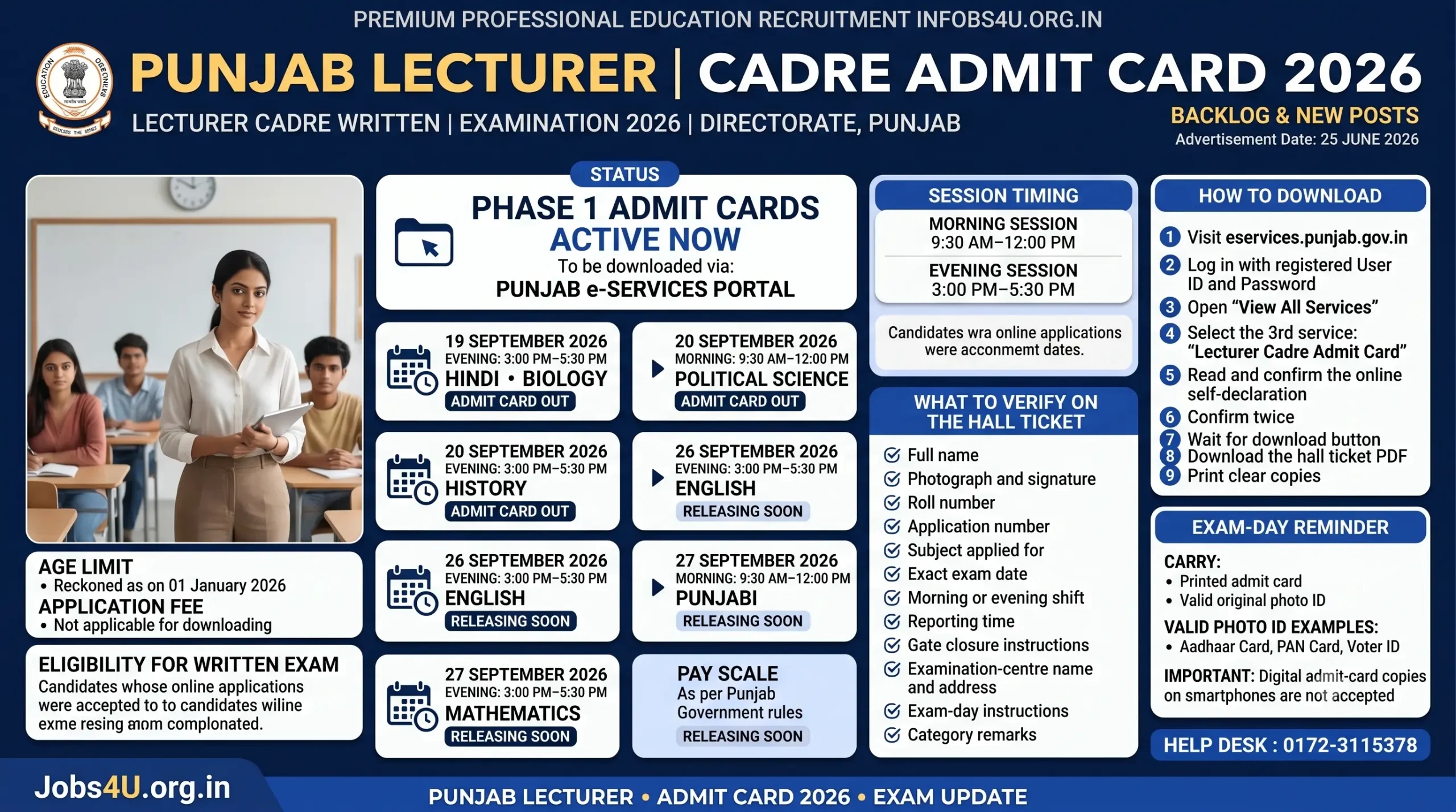 Punjab Lecturer Cadre Admit Card 2026 subject-wise exam schedule and download steps