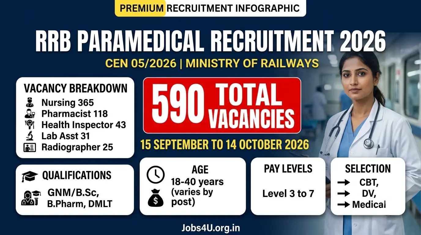 RRB Paramedical Recruitment 2026 infographic showing 590 vacancies, qualifications, application dates and CBT selection process