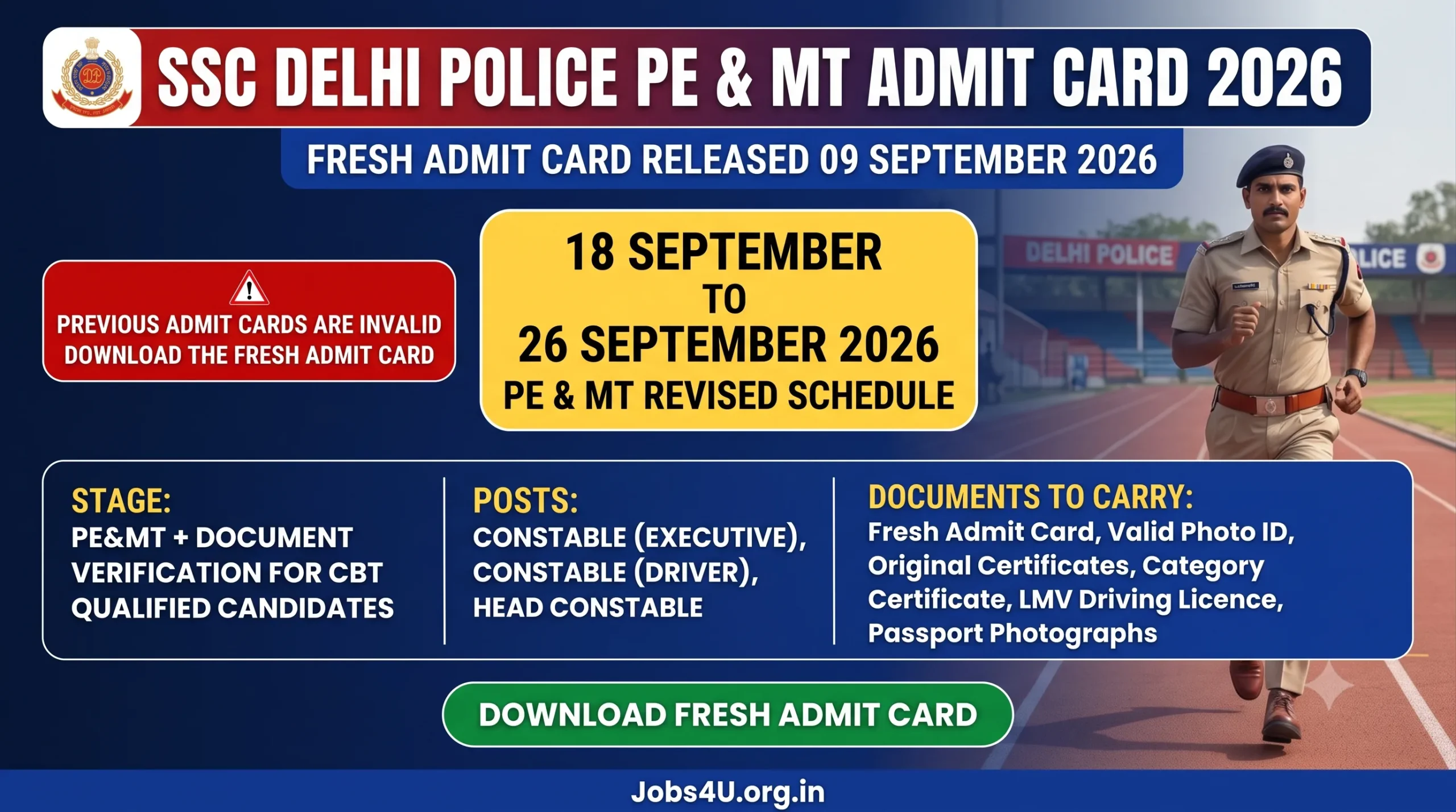 SSC Delhi Police PE and MT Admit Card 2026 infographic showing fresh admit card release and revised physical test dates