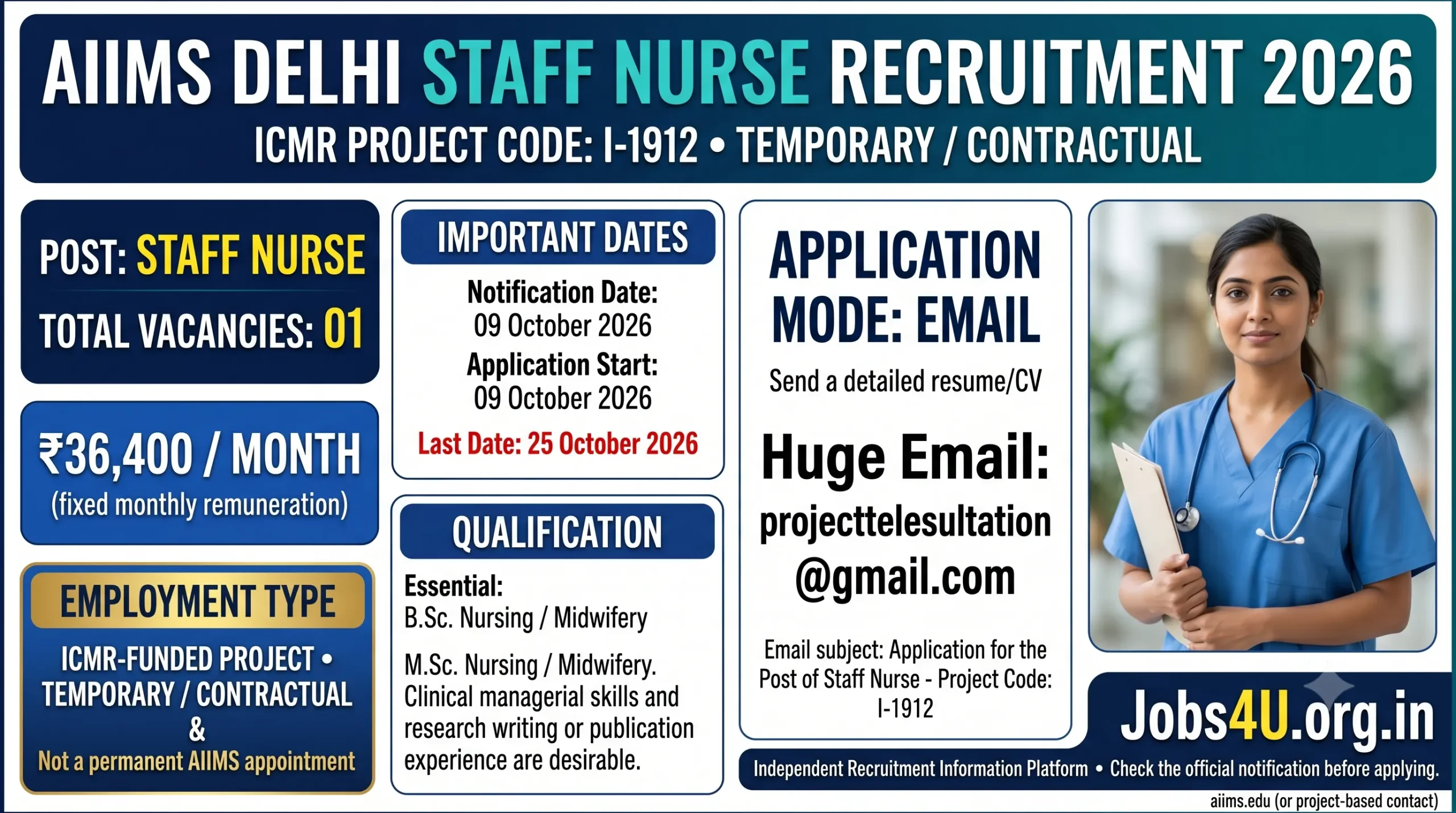 AIIMS Delhi Staff Nurse Recruitment 2026 details including qualification, 1 vacancy, ₹36,400 monthly remuneration and email application – Jobs4U.org.in