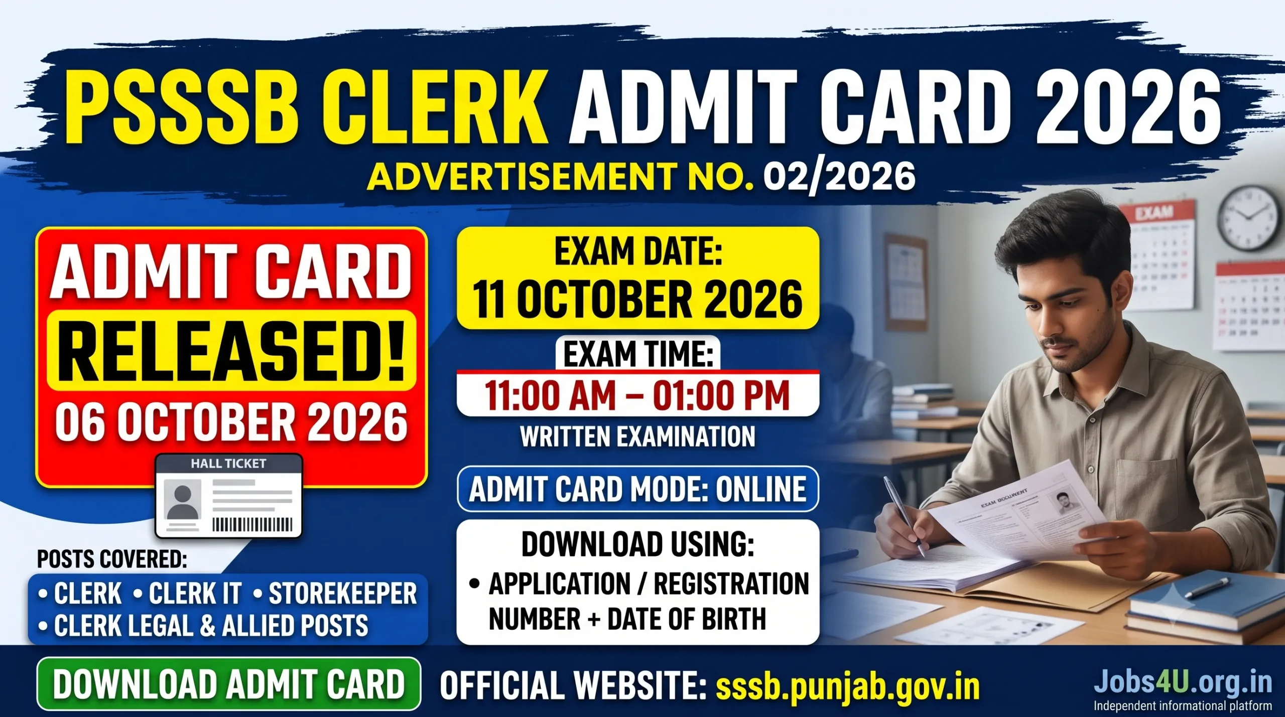 PSSSB Clerk Admit Card 2026 exam date time and posts covered under Advt No 02/2026
