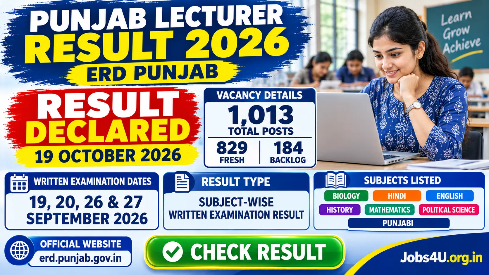 Punjab Lecturer Result 2026 vacancy details with 1013 total posts and written exam dates